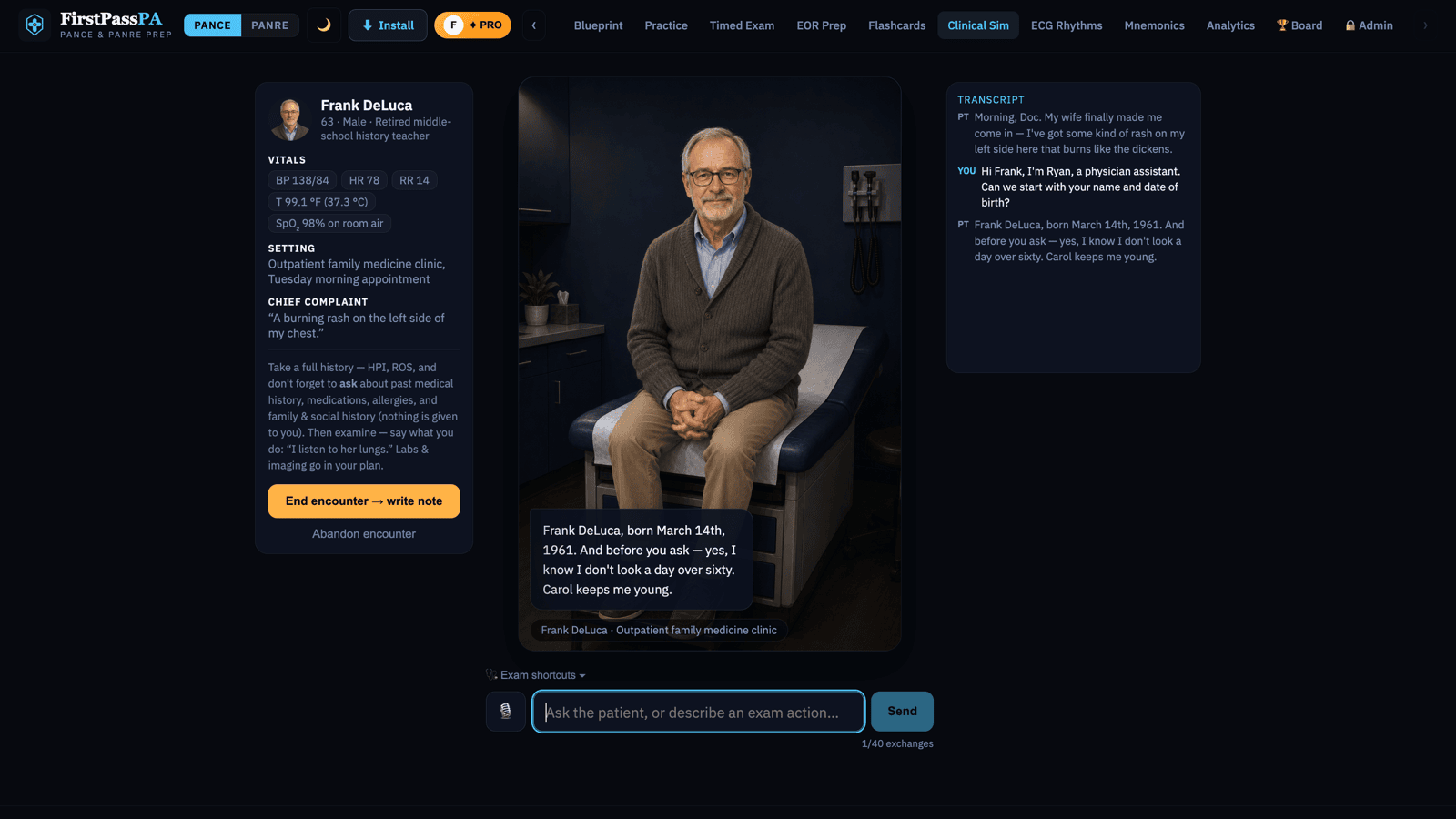 A Clinical Sim encounter: an AI standardized patient answering interview questions in an exam room