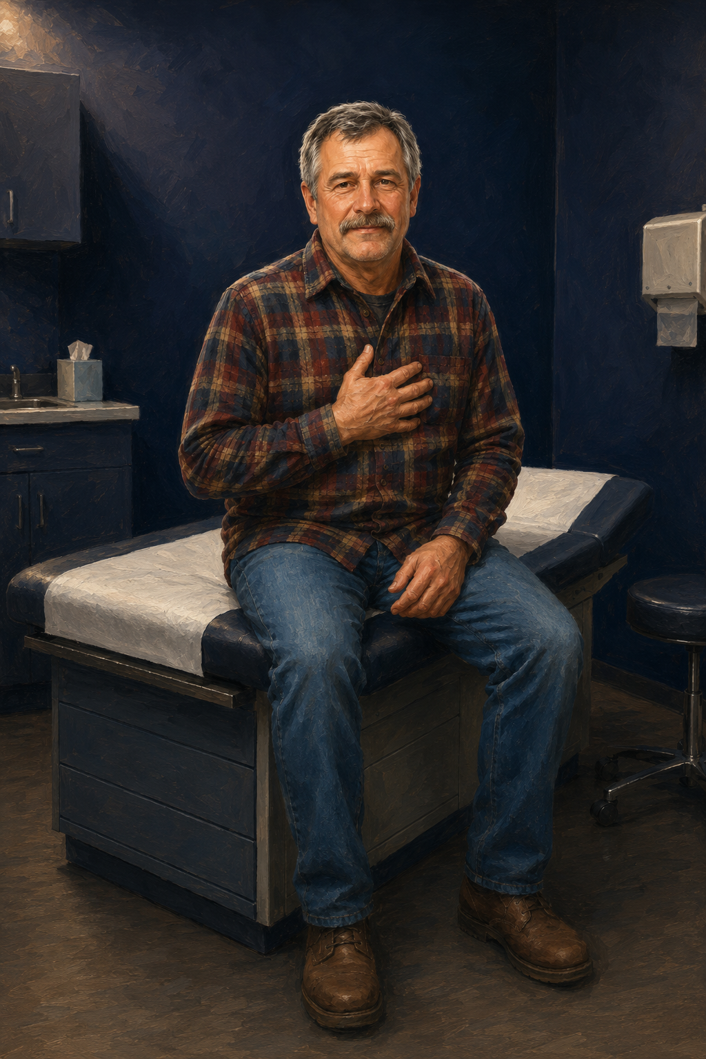 Clinical Sim: an illustrated standardized patient — a 58-year-old man — sitting on an exam table in an exam room, waiting to be interviewed